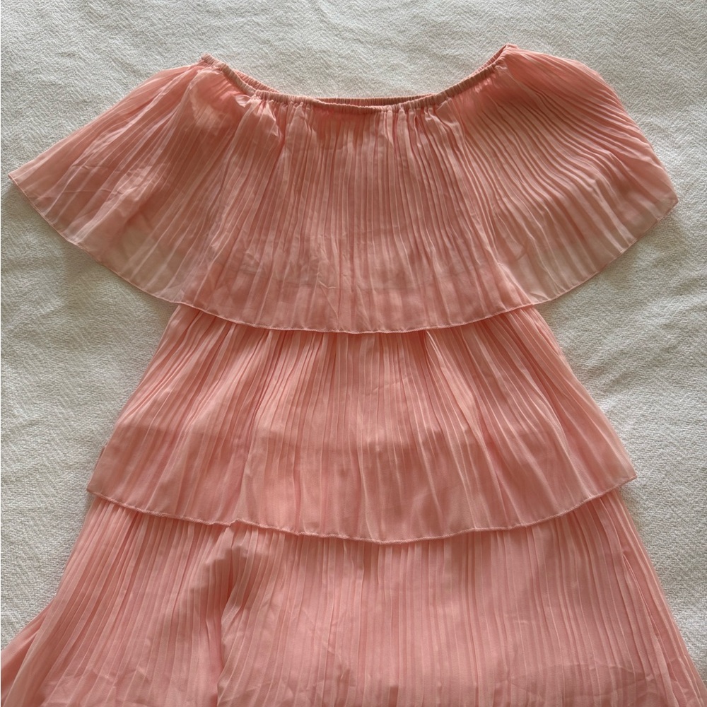 Pink Off-Shoulder Pleated Midi Dress